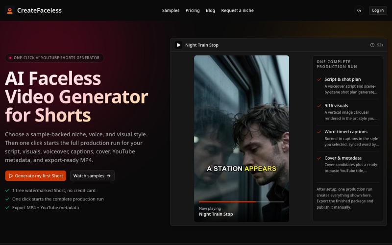 AI Faceless Video Generator for Shorts | CreateFaceless — screenshot