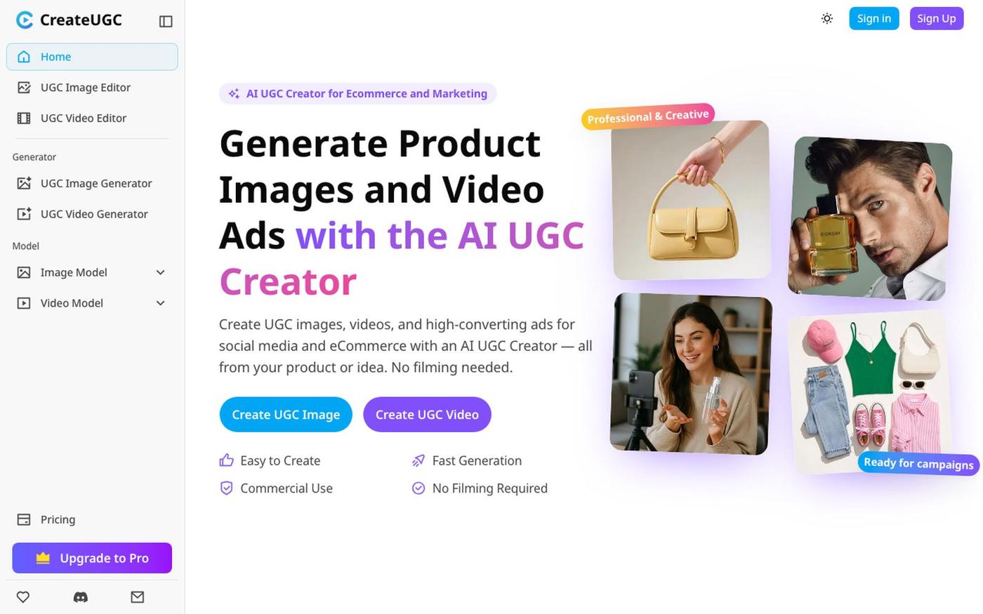 AI UGC Creator for Product Videos Images and Ads | CreateUGC — screenshot