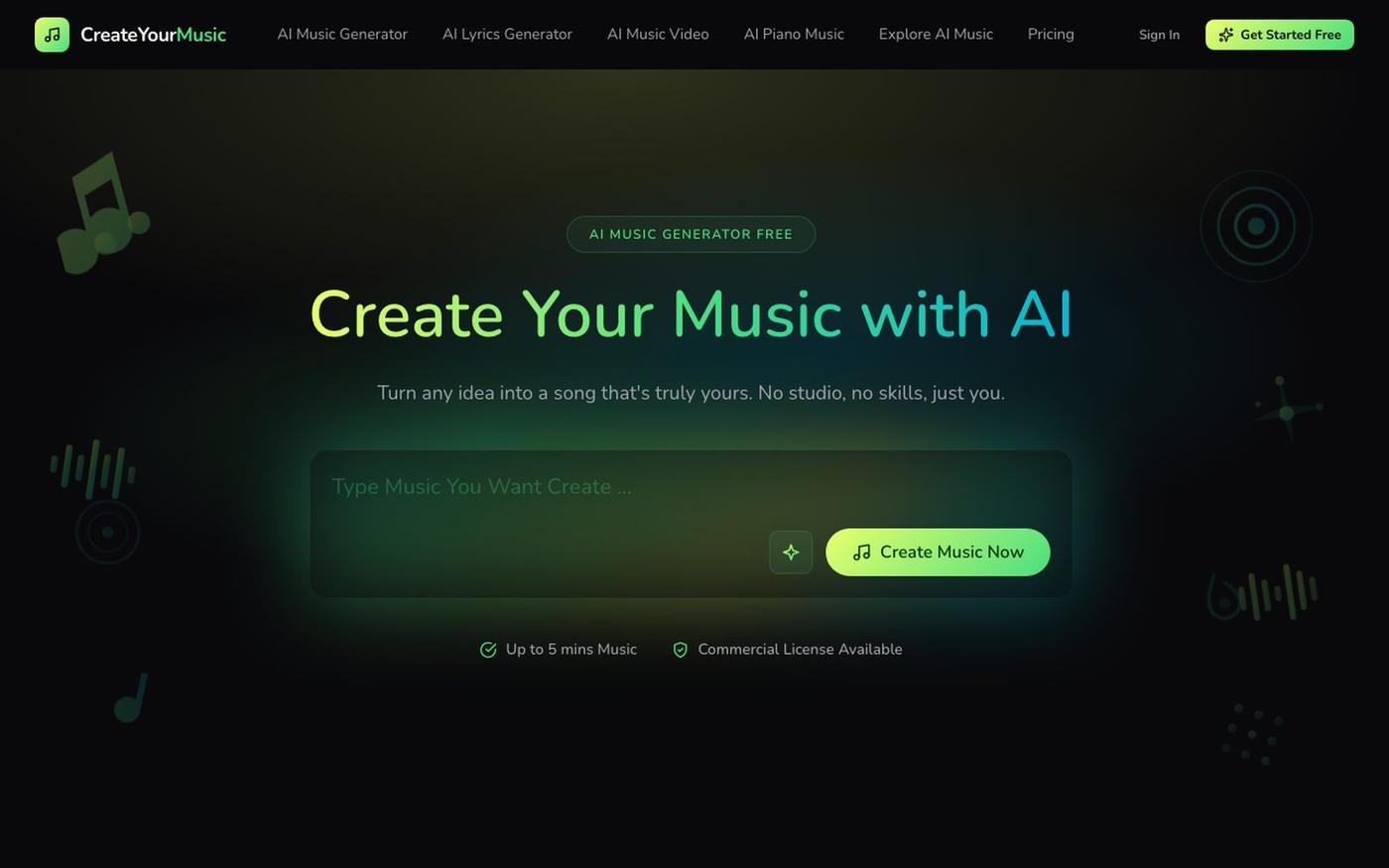 AI Music & Song Generator | Free Text to Music | CreateYourMusic.ai — screenshot