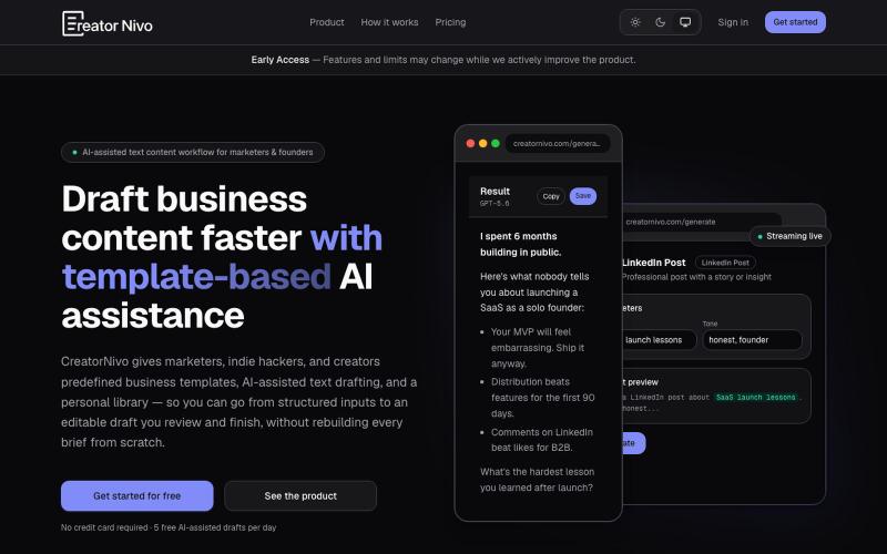 CreatorNivo | AI-assisted text content SaaS — screenshot