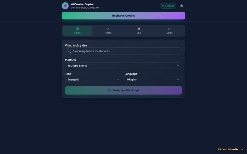 AI Creator Copilot — Shorts & Reels Scripts, Hooks, SEO — screenshot