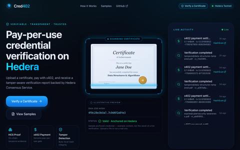 Cred402 — Pay-per-use credential verification on Hedera — screenshot