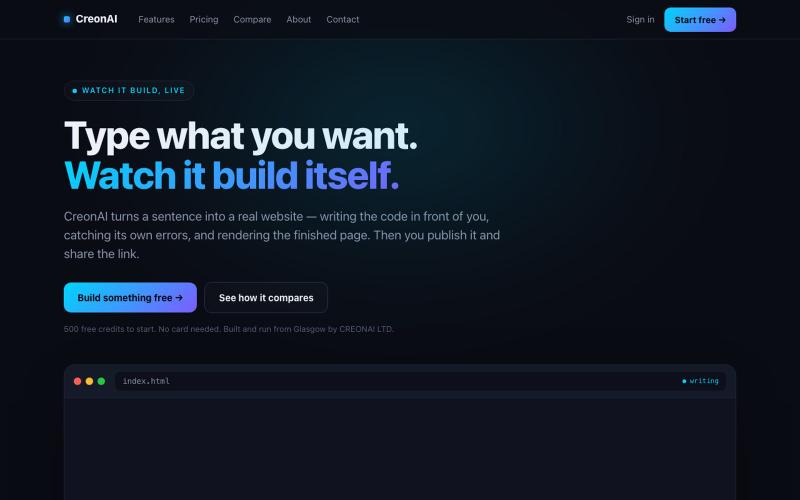 CreonAI | Watch AI build your website, live — screenshot