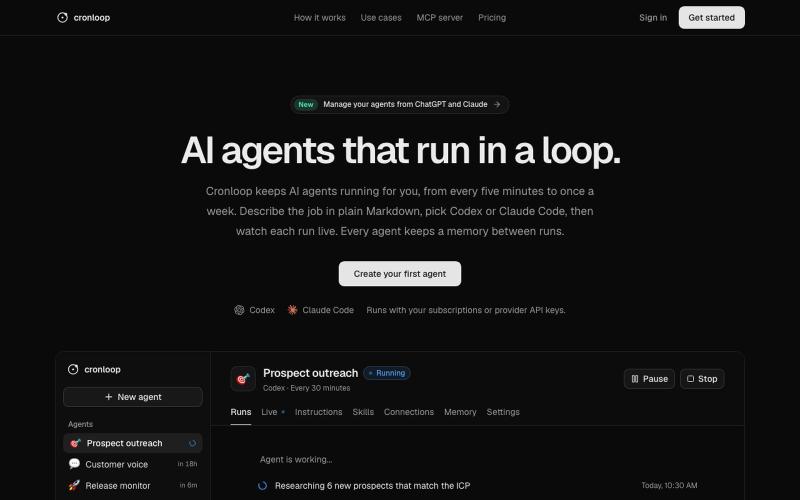 Cronloop: AI agents that run in a loop — screenshot