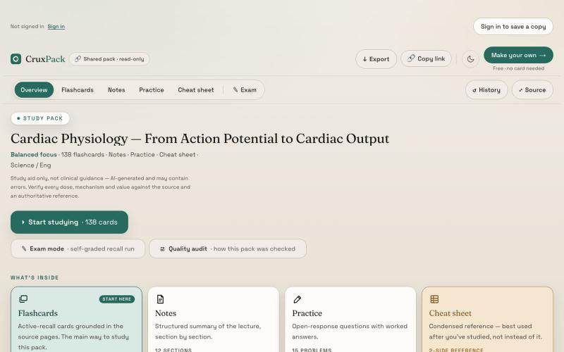 Cardiac Physiology — From Action Potential to Cardiac Output · Shared deck · Cru — screenshot