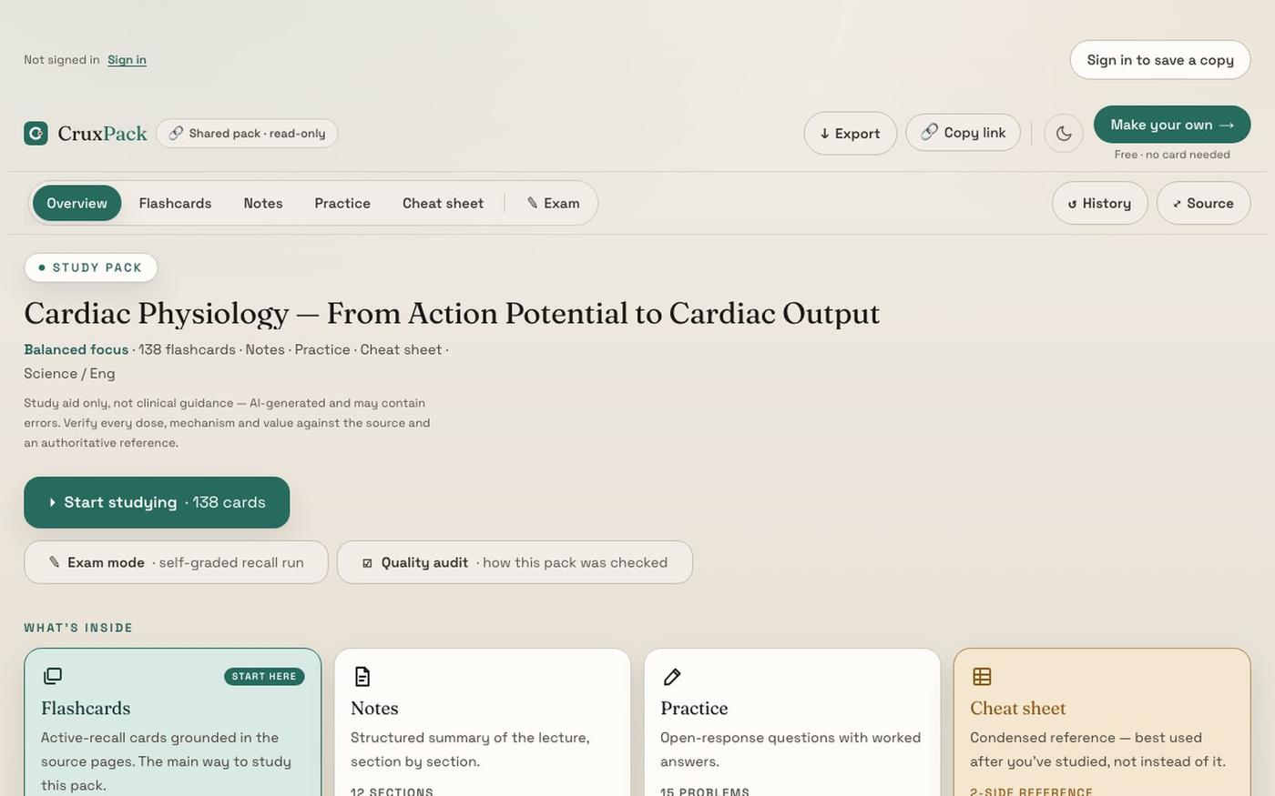 Cardiac Physiology — From Action Potential to Cardiac Output · Shared deck · Cru — screenshot