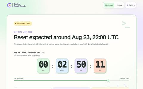 Codex Reset Time & Countdown (UTC) | CRW — screenshot