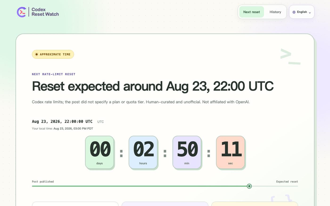 Codex Reset Time & Countdown (UTC) | CRW — screenshot