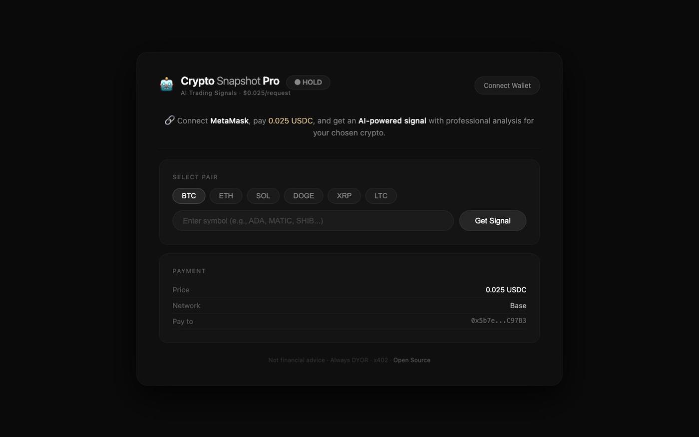 Crypto Snapshot Pro — AI Trading Signals with x402 Payments — screenshot