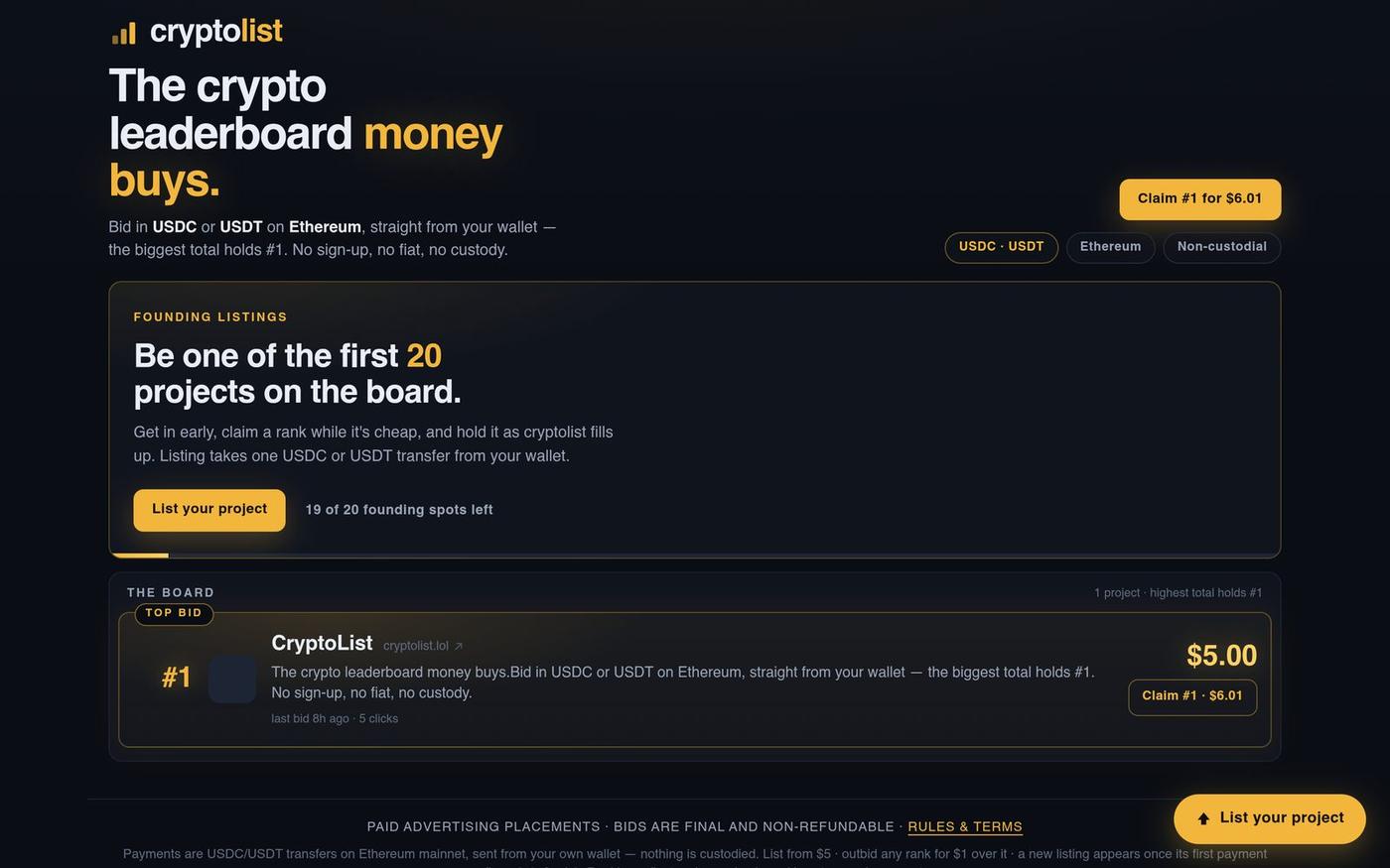 cryptolist — the crypto leaderboard money buys — screenshot