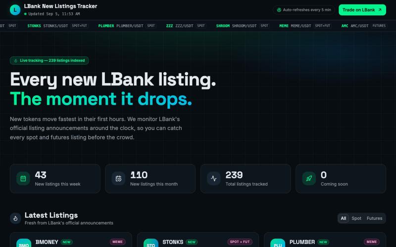 LBank New Listings Tracker — New Crypto Listings & Where to Buy Them — screenshot