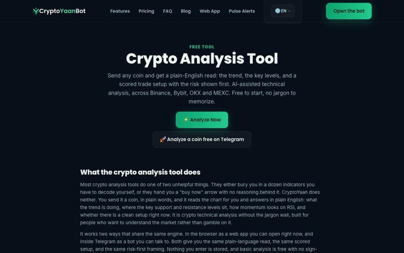 Crypto Analysis Tool: AI Technical Analysis for Any Coin | CryptoYaanBot — screenshot