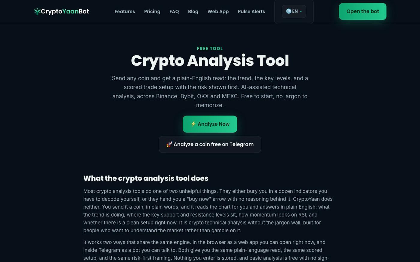 Crypto Analysis Tool: AI Technical Analysis for Any Coin | CryptoYaanBot — screenshot
