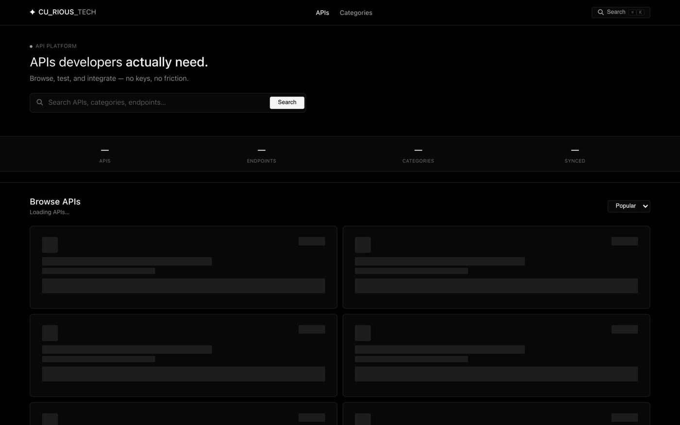 CU_RIOUS TECH APIs — Developer API Platform — screenshot