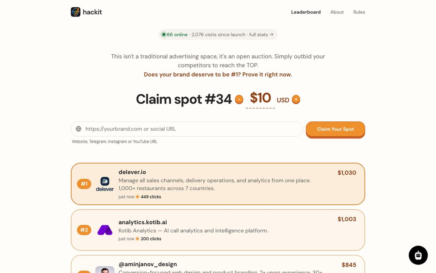 Hackit — Product Leaderboard — screenshot