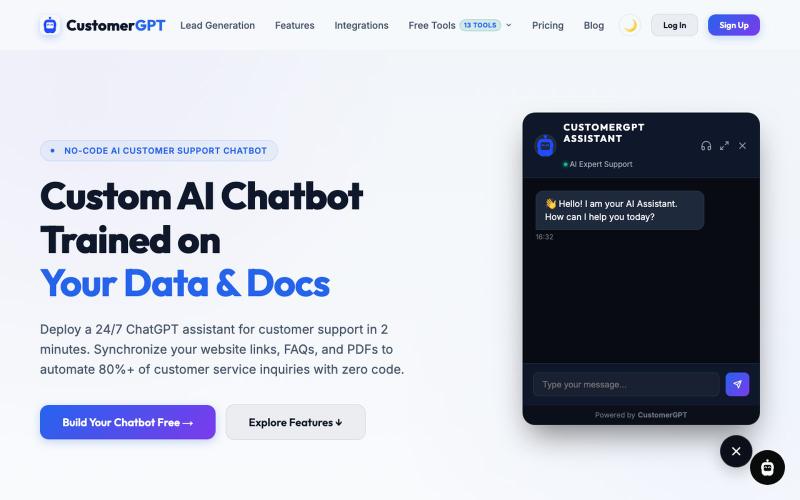 Custom AI Chatbot Trained on Your Data | ChatGPT Customer Support — CustomerGPT — screenshot