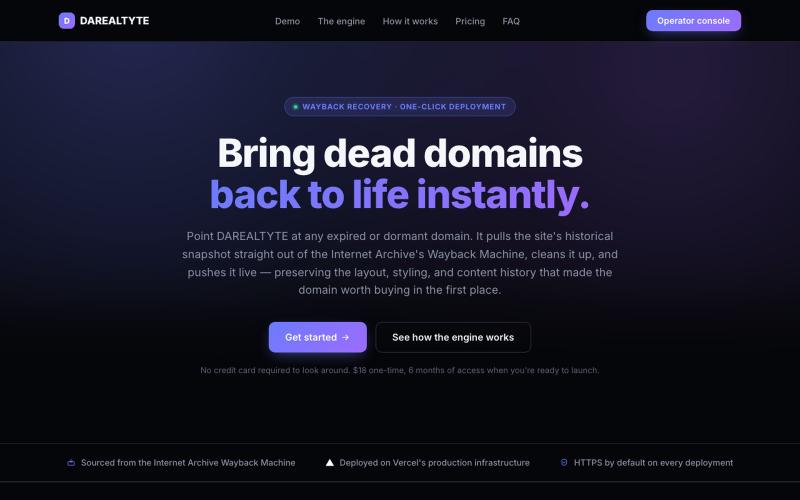DAREALTYTE — Wayback Recovery & Instant Deployment Engine — screenshot