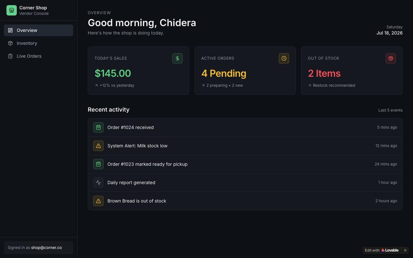 Vendor Console — Corner Shop Dashboard — screenshot