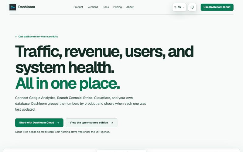 Dashloom — Product, revenue, traffic, and system data in one place — screenshot