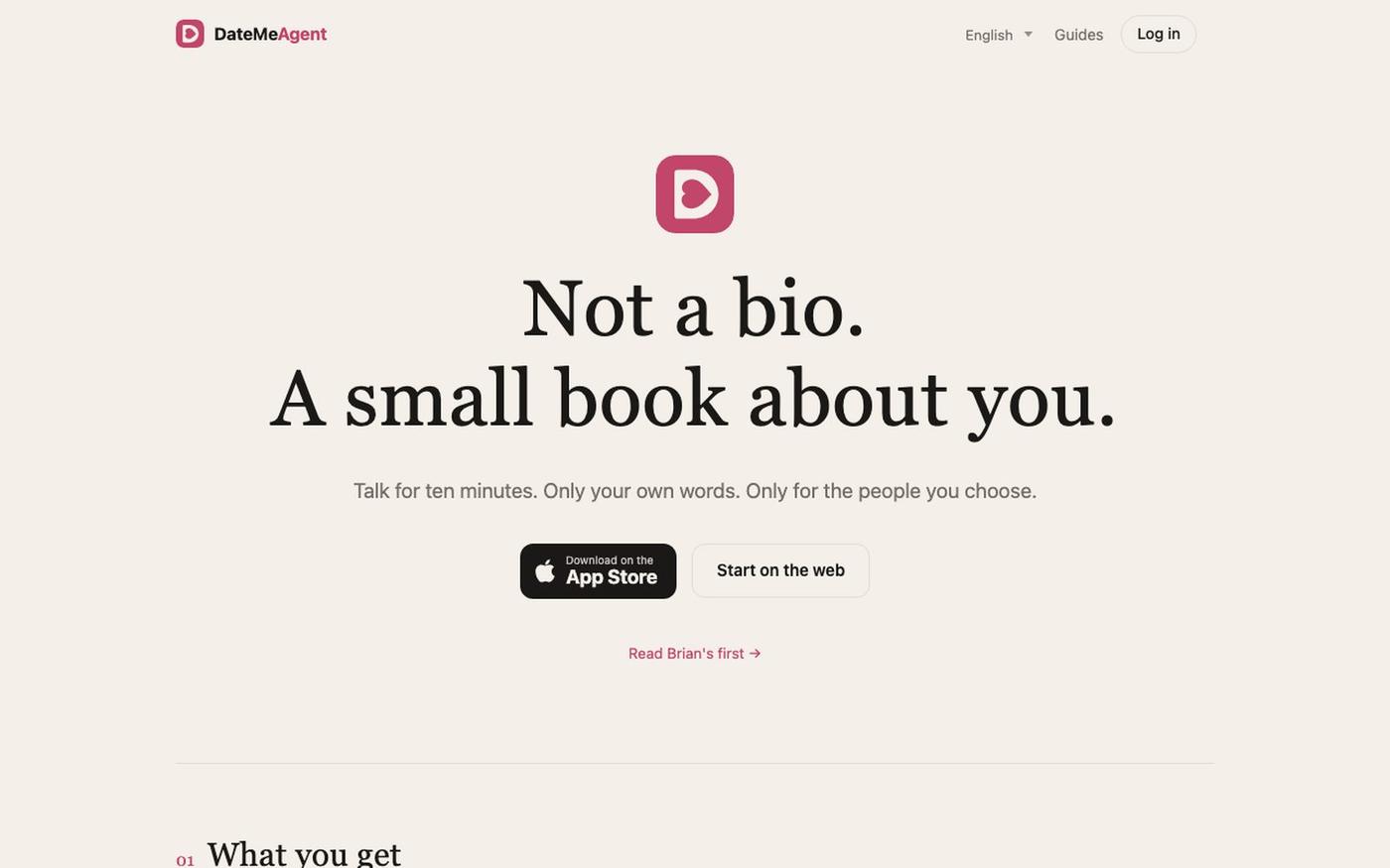DateMeAgent · Not a bio. A small book about you. — screenshot