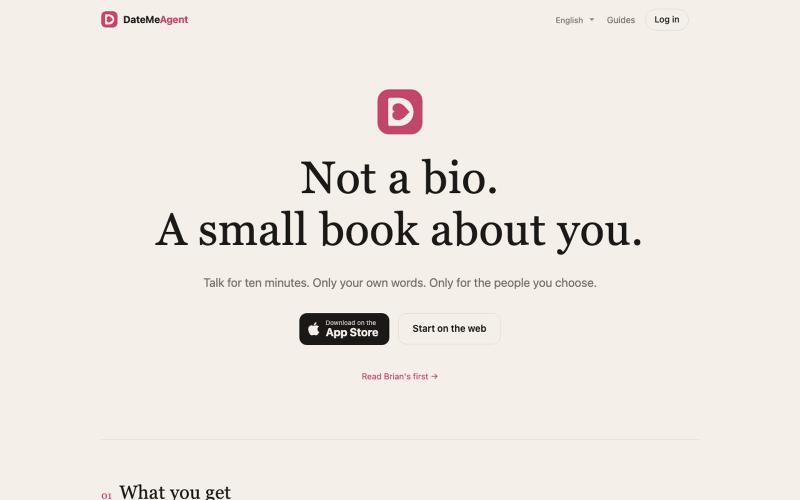 DateMeAgent · Not a bio. A small book about you. — screenshot