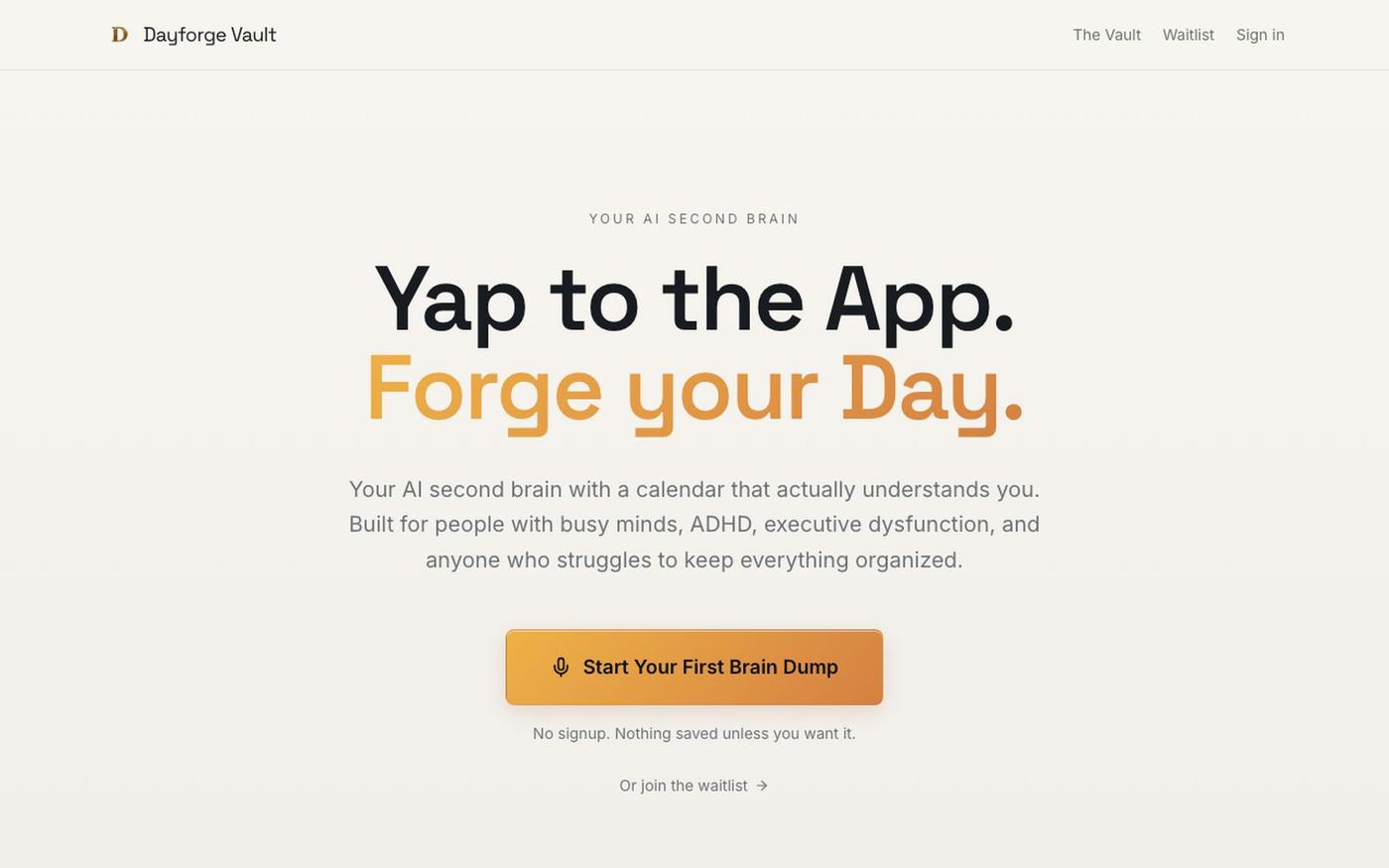Dayforge Vault — Your AI second brain with a calendar that gets you — screenshot