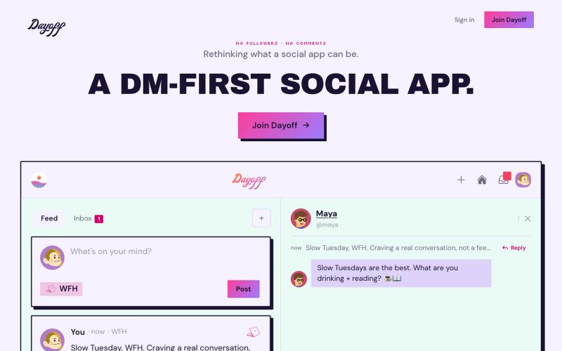 A DM-first social app · Dayoff — screenshot