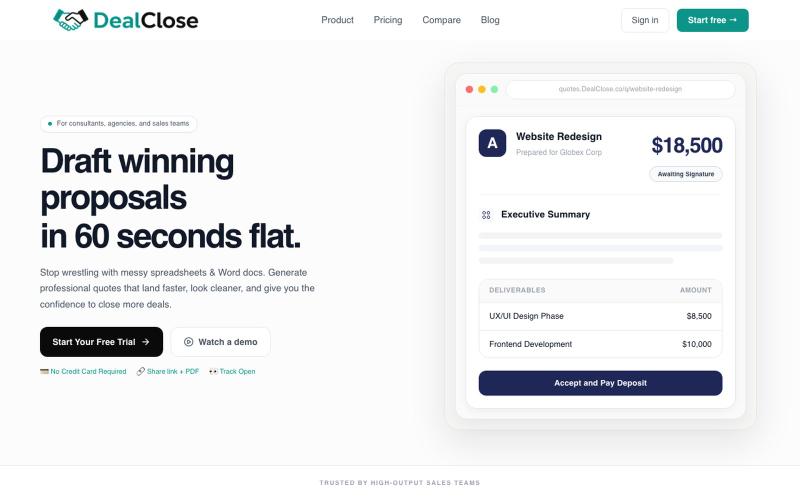 AI Sales Quotes in 60 Seconds - Free Forever - DealClose.co — screenshot