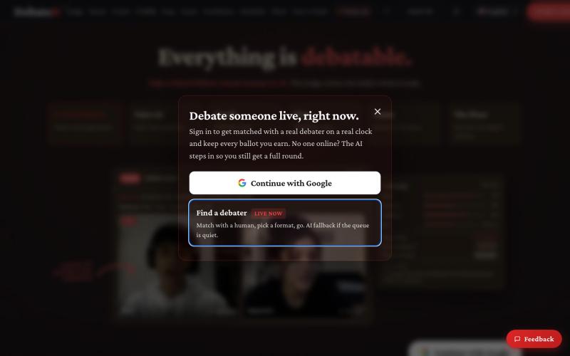 DebateIt · Debate practice, judged live. — screenshot