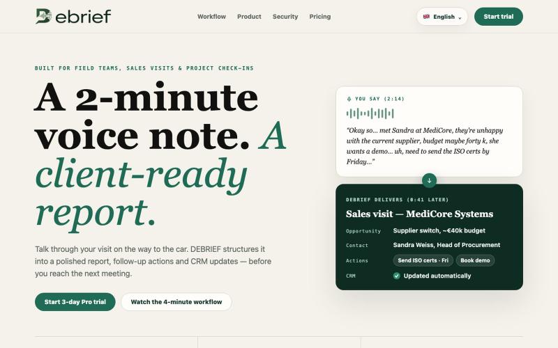 DEBRIEF - Voice reports for customer visits — screenshot