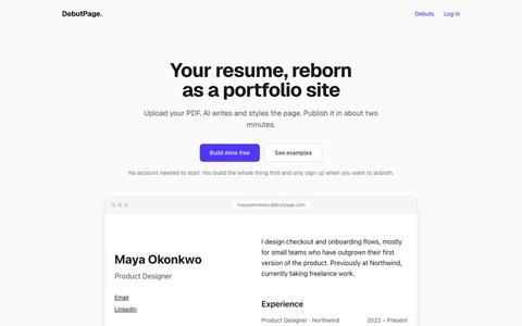 DebutPage — Turn your resume into a portfolio website — screenshot