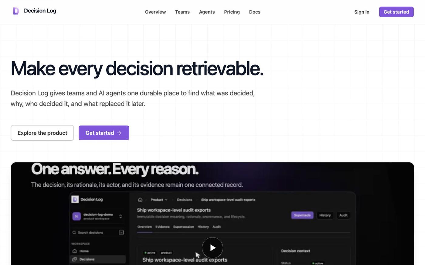 Make every decision retrievable. | Decision Log — screenshot