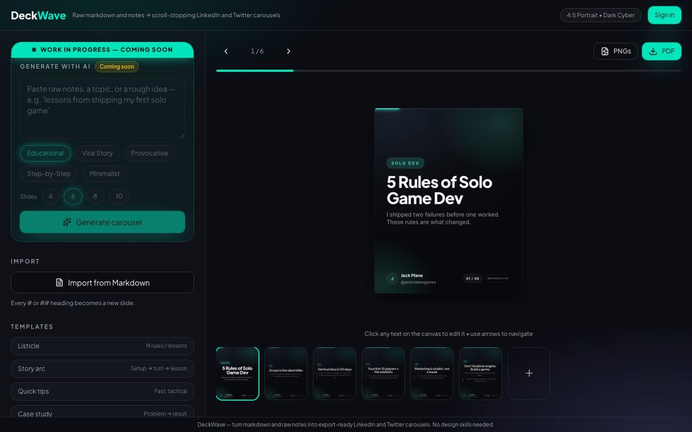 Markdown to LinkedIn & X Carousel Generator | DeckWave — screenshot