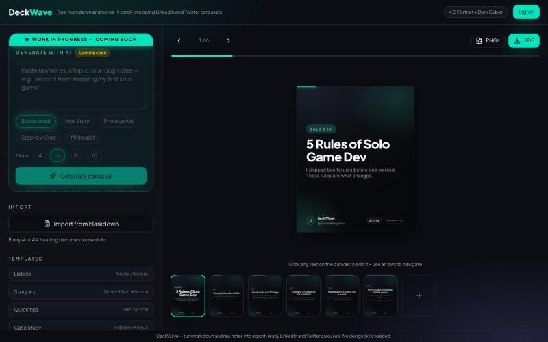 Markdown to LinkedIn & X Carousel Generator | DeckWave — screenshot