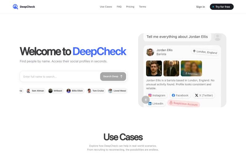 DeepCheck — Find public profiles in seconds — screenshot