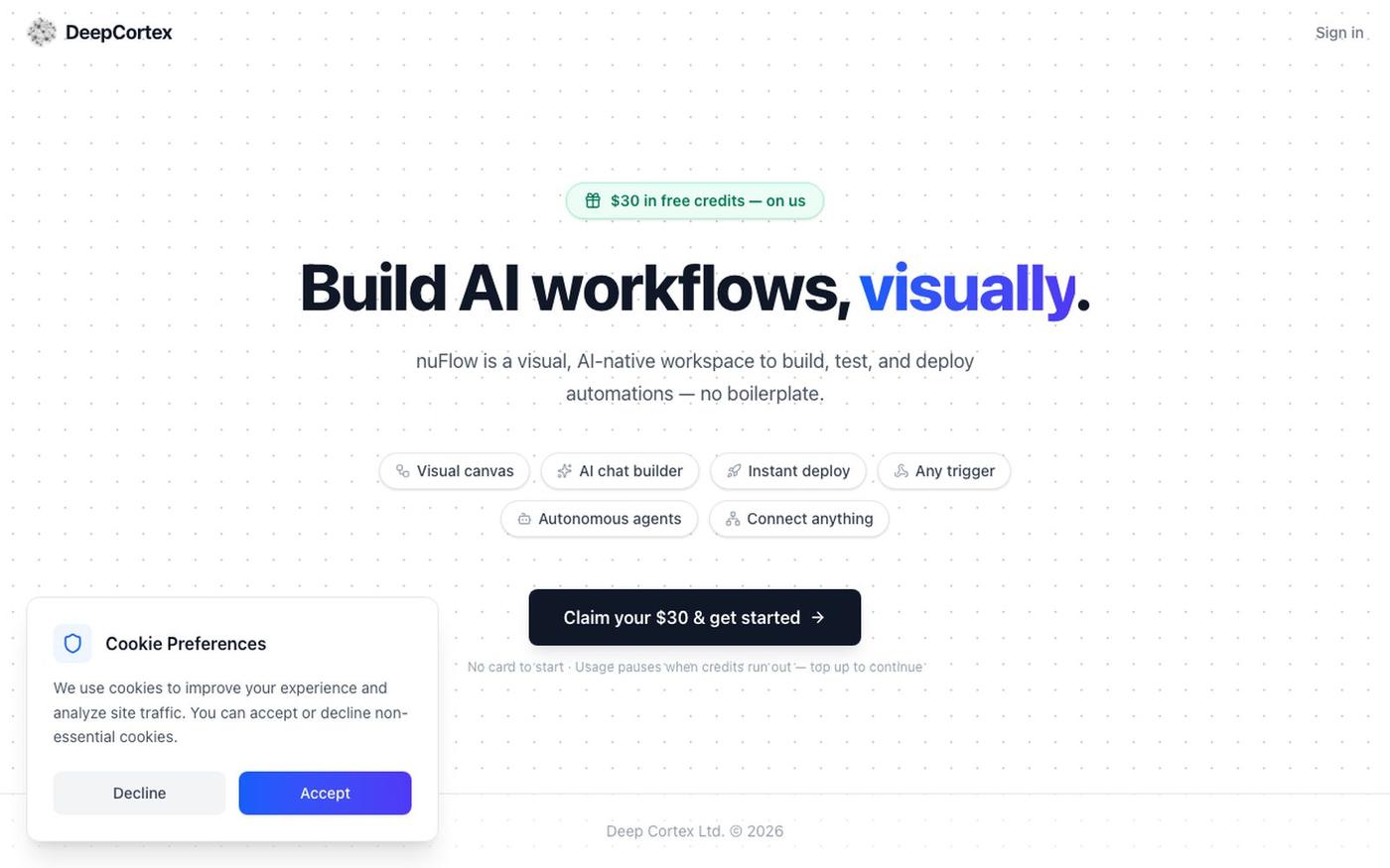 Get started free — $30 in credits | DeepCortex — screenshot