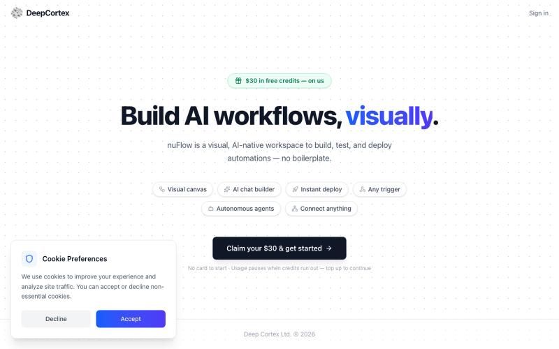 Get started free — $30 in credits | DeepCortex — screenshot