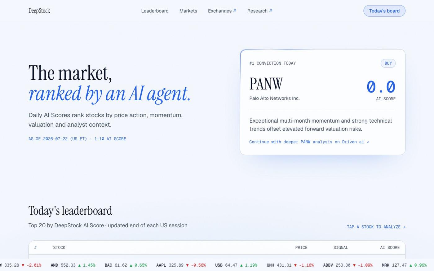 DeepStock — AI-ranked stocks, every trading day — screenshot