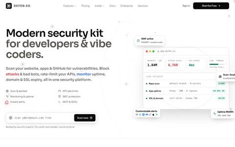 Website & App Security Scanner, WAF & Uptime Monitoring · Defen.so — screenshot