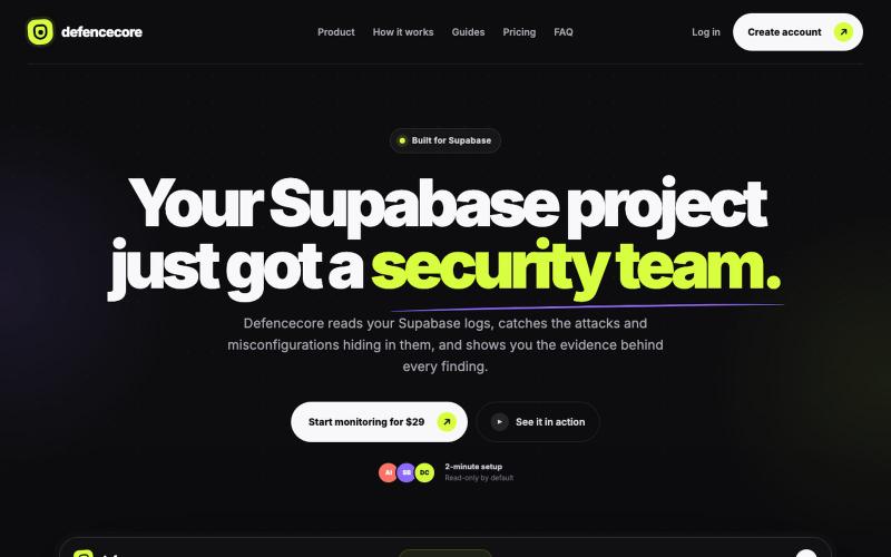 Defencecore — Supabase Security Monitoring for AI-Built Apps — screenshot