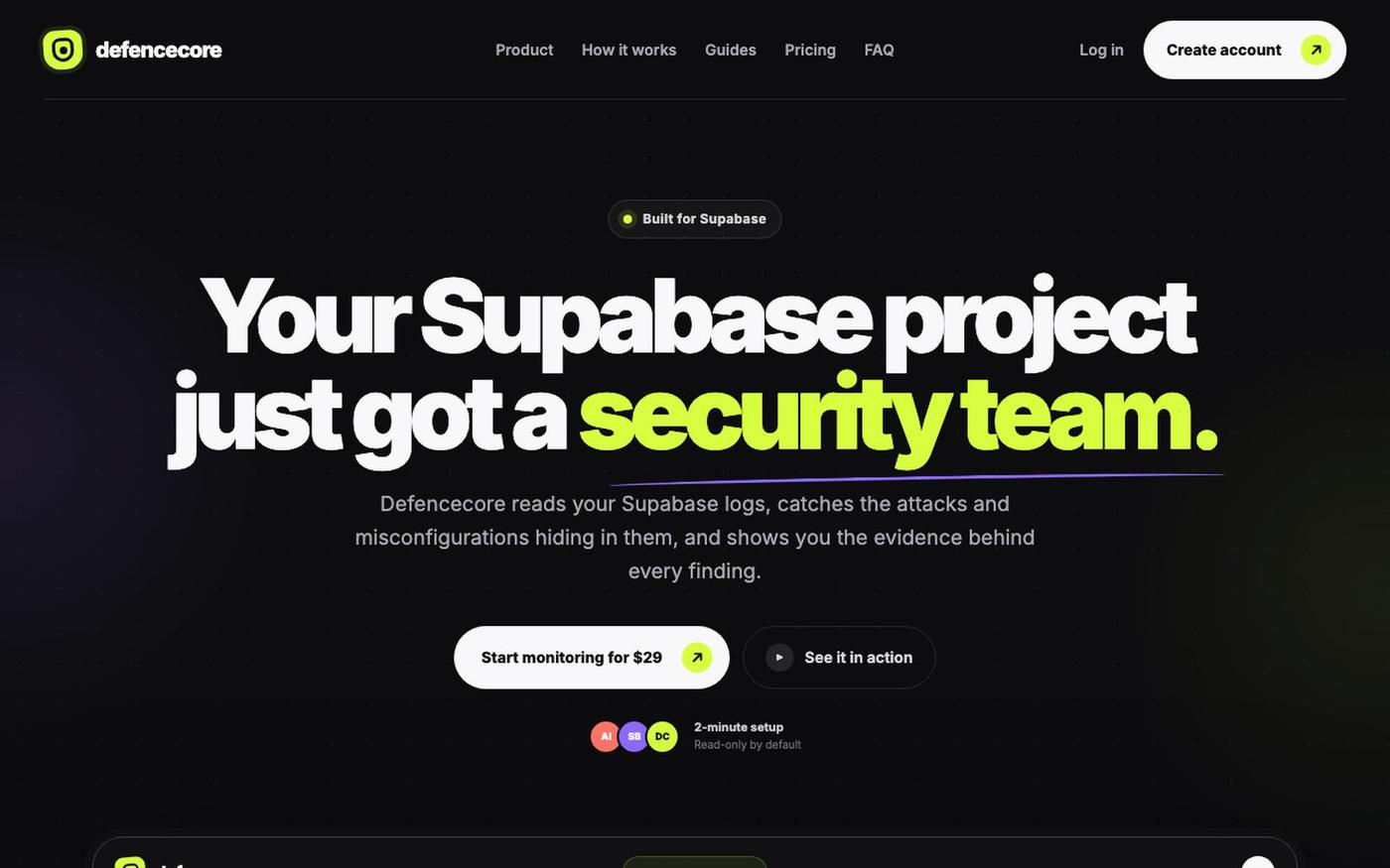 Defencecore — Supabase Security Monitoring for AI-Built Apps — screenshot