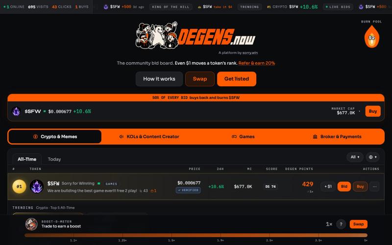 degens.now — Crypto Attention Auction & Token Leaderboard — screenshot