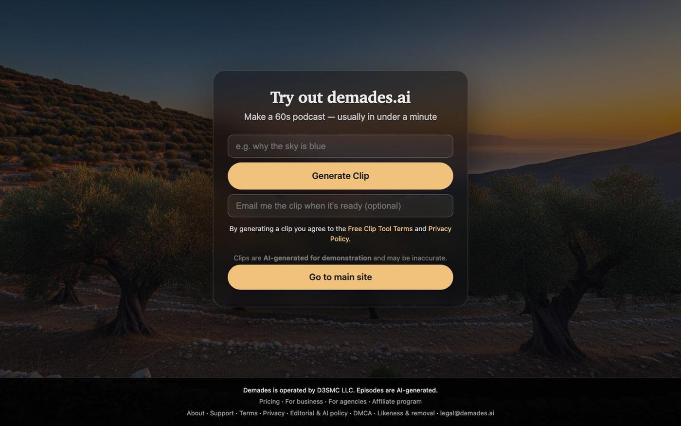 Demades — turn any topic into a podcast clip — screenshot
