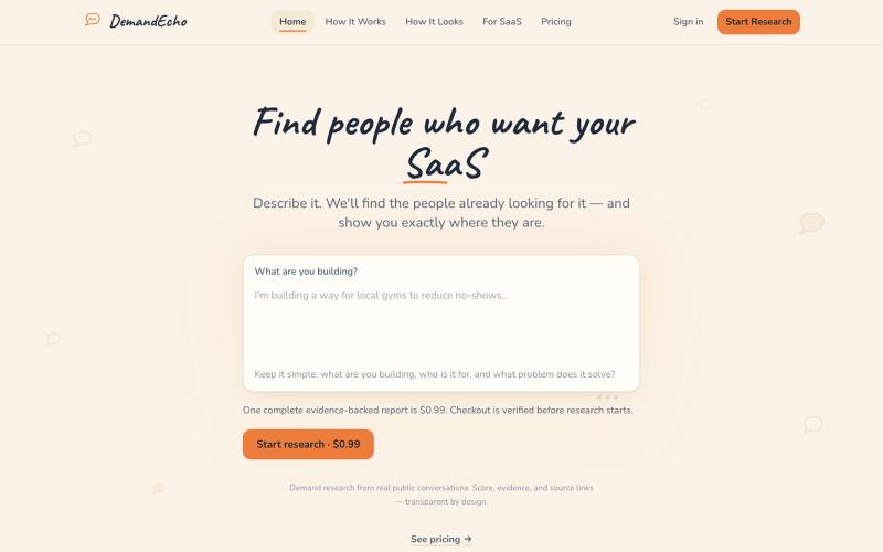 SaaS Idea Validation & Market Research | DemandEcho — screenshot