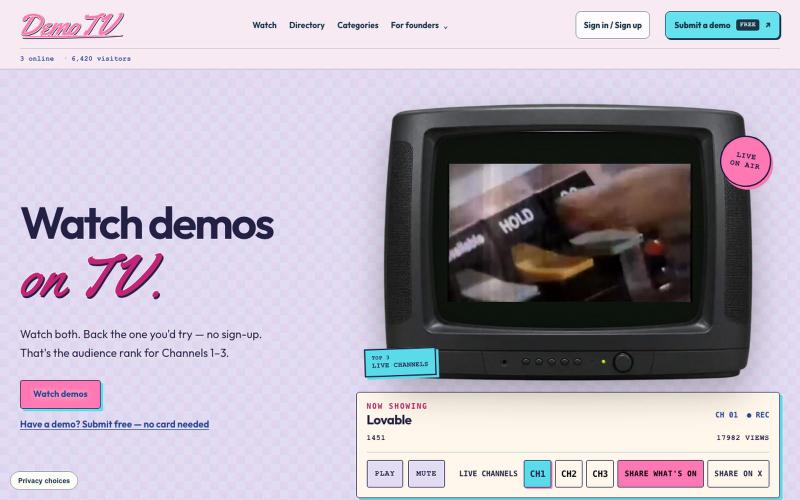DemoTV — the audience-ranked channel for product demos — screenshot