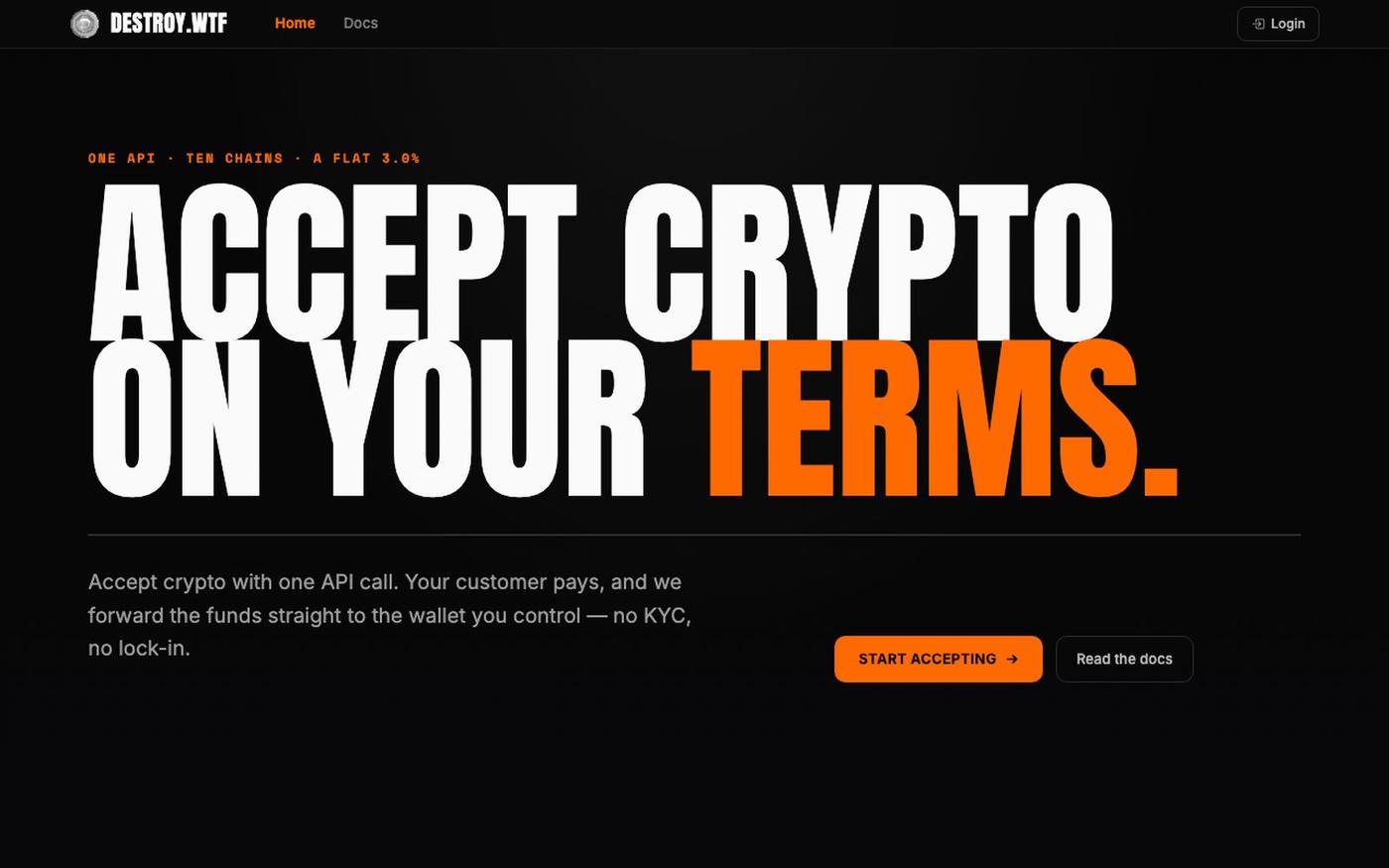 DESTROY.WTF — Accept crypto on your terms — screenshot