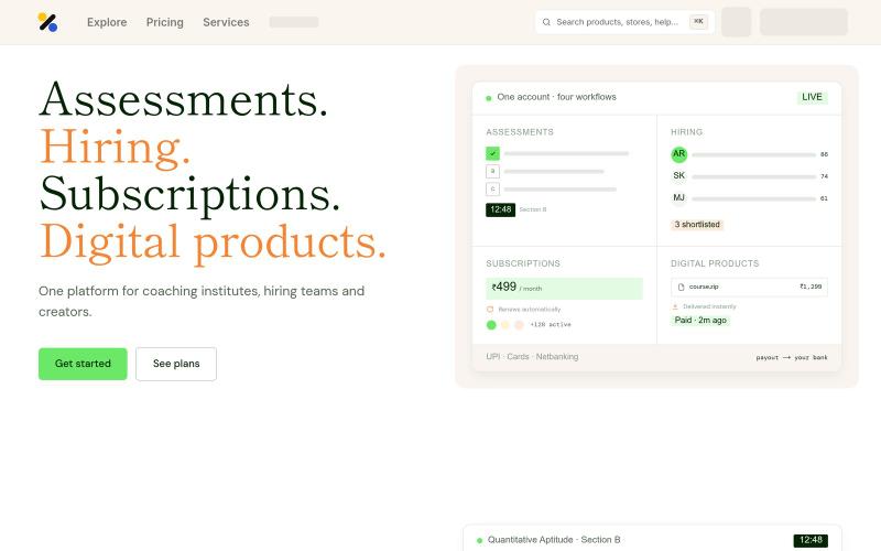 Assessments, hiring, subscriptions and digital products · TheBlueMustard — screenshot