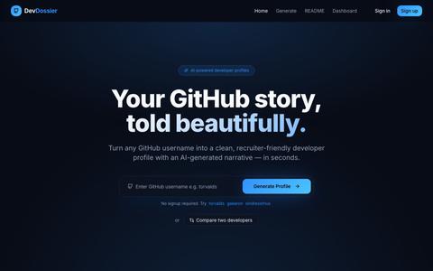 DevDossier — Your GitHub story, told beautifully — screenshot