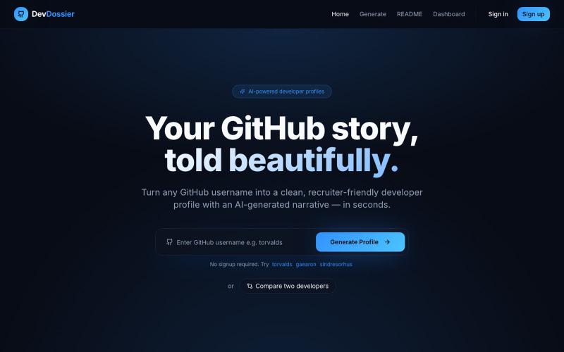 DevDossier — Your GitHub story, told beautifully — screenshot