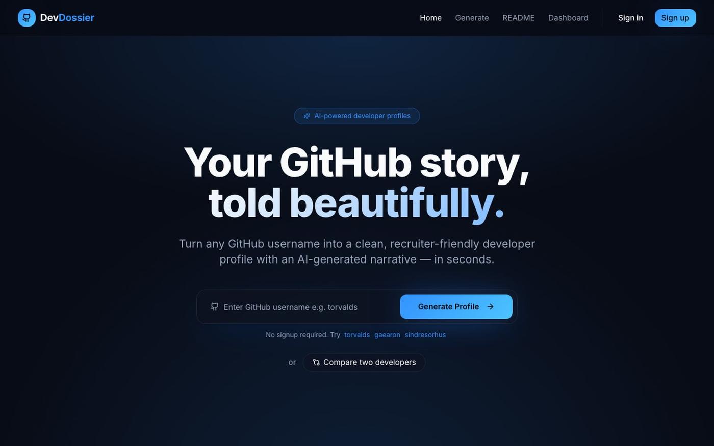 DevDossier — Your GitHub story, told beautifully — screenshot